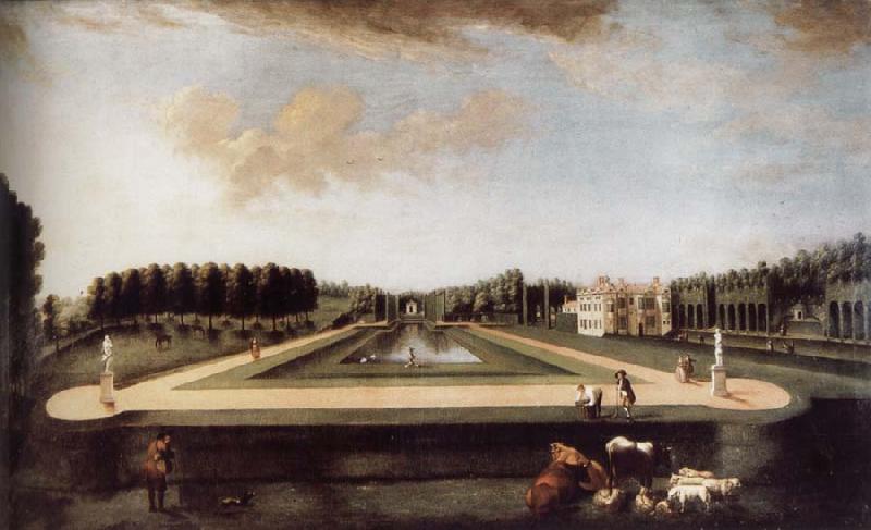  Axial view of the canal from the south showing Gibbs-s temple at the end of the Canal,the house and topiary alleys on the west side